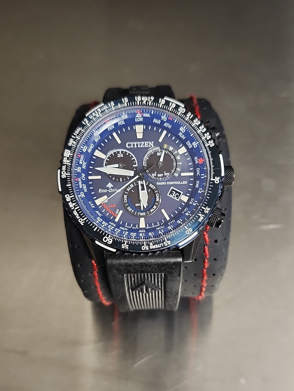 Citizen Eco Promaster Chronograph with Black Strap and Red Stitching